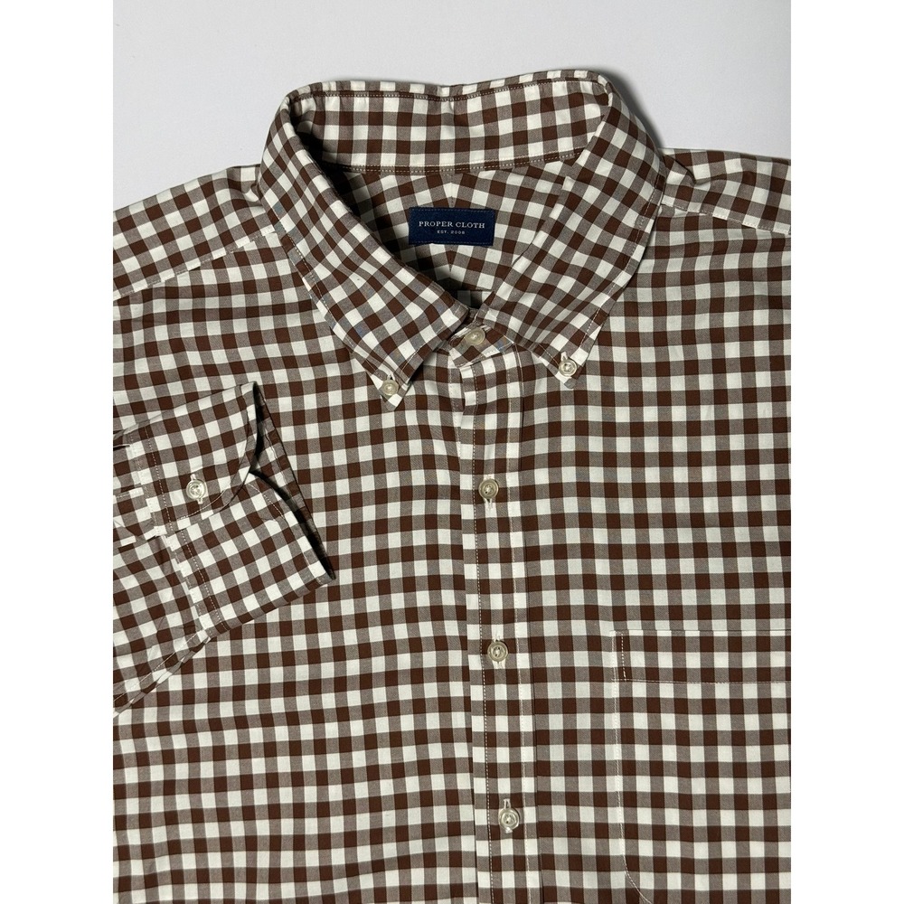 Proper Cloth Mens Brown White Gingham Plaid Cotton Button Down Shirt 19 34.5